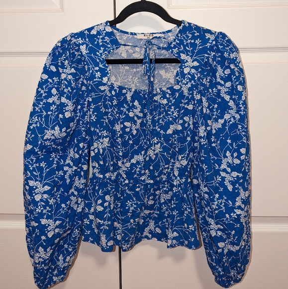 NAKD blue floral blouse with scalloped square neckline and balloon sleeves - Picture 1 of 5